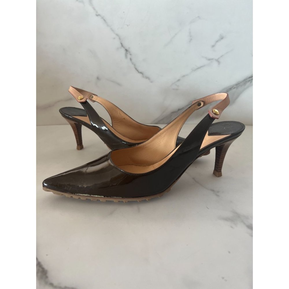 Louis Vuitton Black Patent Leather Slingback Heels with Tan Strap